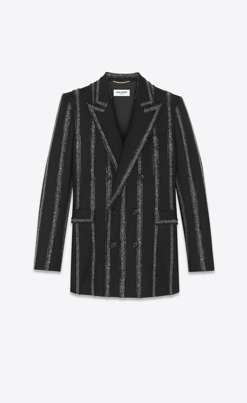 Double breasted blazer in gabardine with wide embroidered stripes
